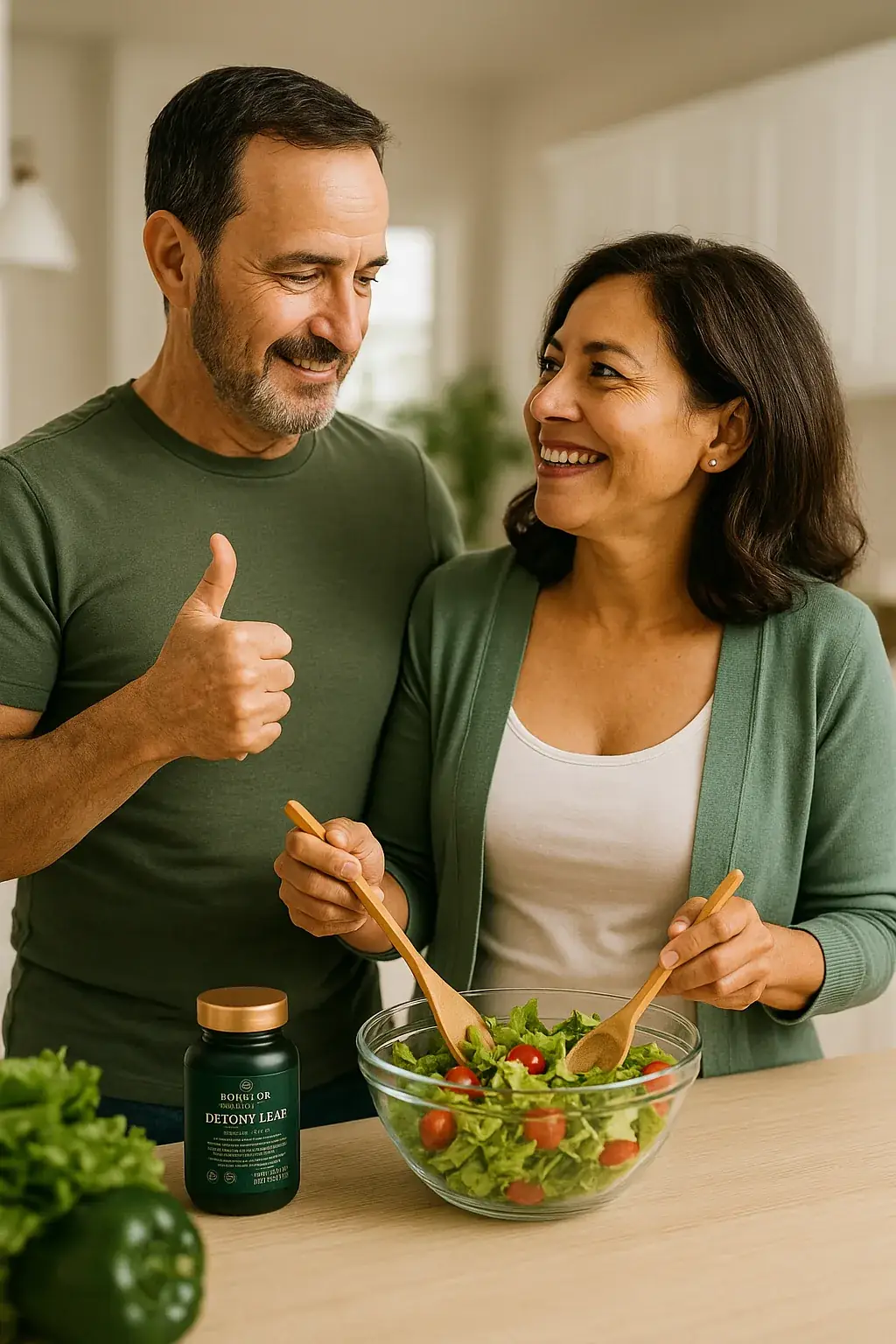 Pareja preparando una ensalada, siguiendo recetas de nutrici&oacute;n consciente.