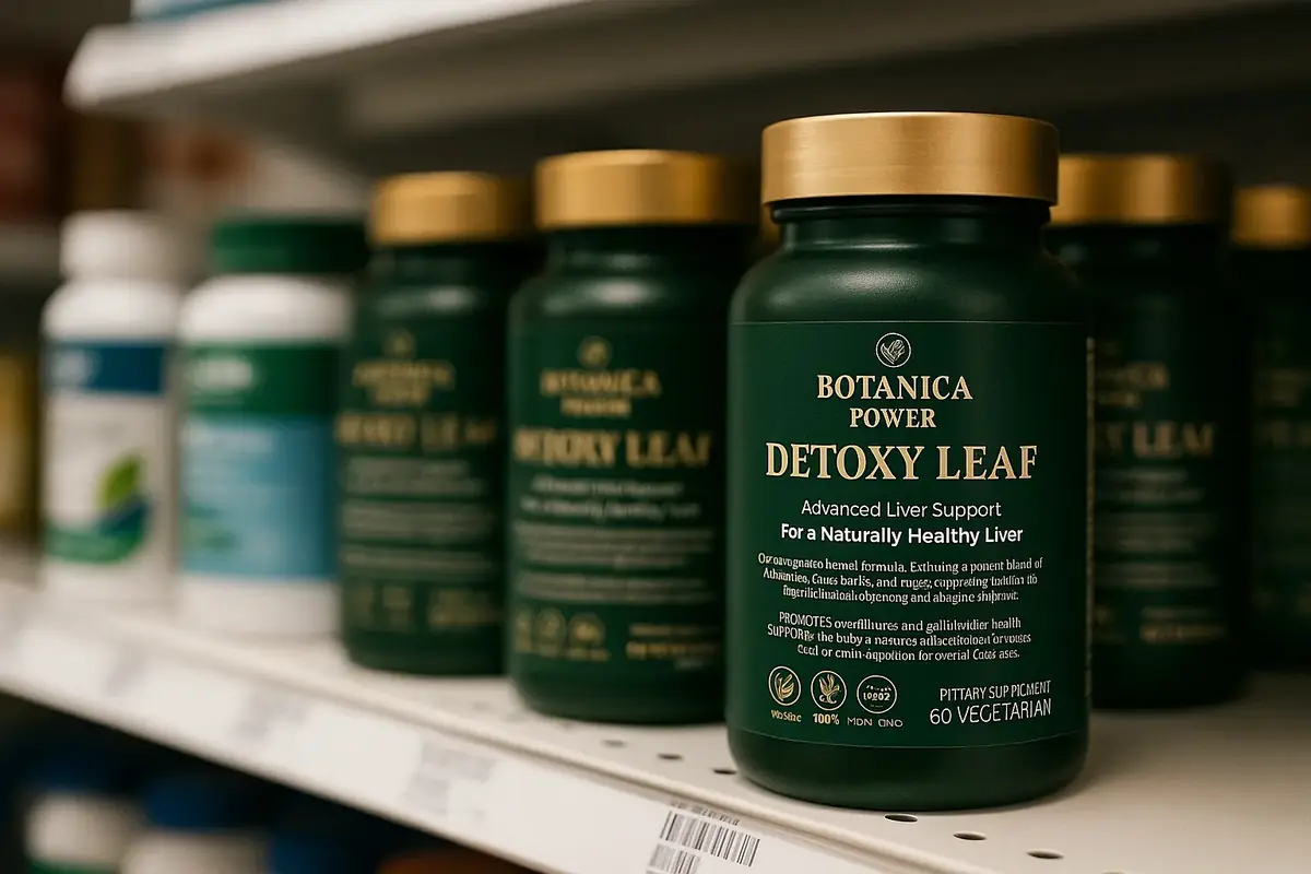 Detoxy Leaf en estante de farmacia, demostrando su calidad y pr&oacute;xima disponibilidad en tiendas.